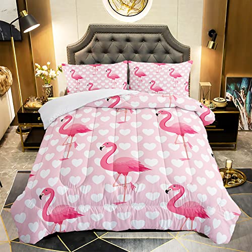 XYNHML Flamingo Comforter Set Queen Size Tropical Pink Flamingo Love Heart Pattern Bedding Set Kawaii Quilted Duvet for Kids Girls Boys Adult with 1 Comforter and 2 Pillowcases