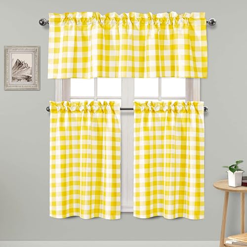 Hiasan 3 Piece Semi Sheer Kitchen Curtains - Light Filtering Buffalo Plaid Tier and Valance Window Curtains Set, Yellow and White, 52 W x 18 L (1 Panel) + 26 W x 24 L (2 Panels)