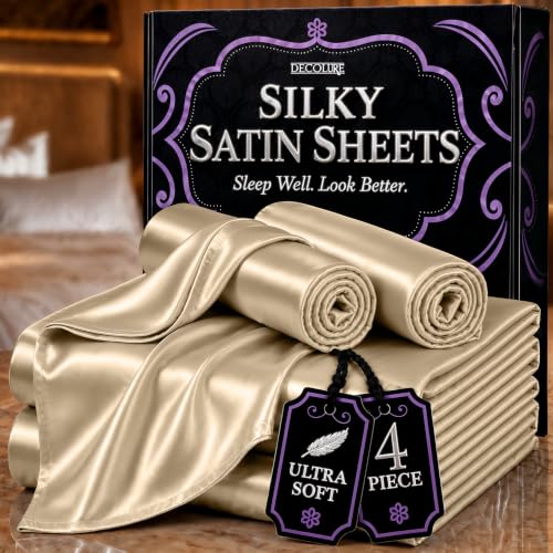 "DECOLURE - 4 Piece Luxury Silky Satin Wrinkle Free Bedding Set with 16"" Deep Fitted Sheet, Hair and Skin, Full Size, Gifts for Women"