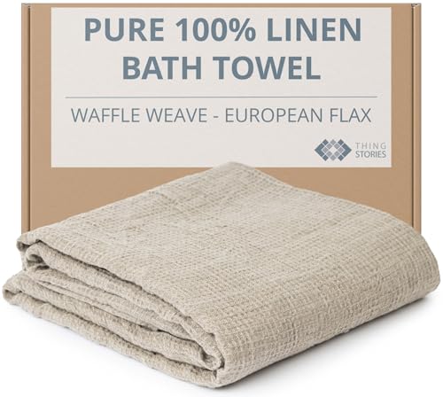 Pure 100% Linen Bath Towel - Stone-Washed 30 x 60 inch Soft Lightweight Travel Towel - Waffle Weave Quick Dry Beach Towel - Natural Flax Thin Towels for Bathroom Gym or Sauna - Sustainable Bath Sheet