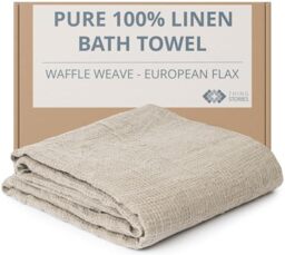 Pure 100% Linen Bath Towel - Stone-Washed 30 x 60 inch Soft Lightweight Travel Towel - Waffle Weave Quick Dry Beach Towel - Natural Flax Thin Towels for Bathroom Gym or Sauna - Sustainable Bath Sheet