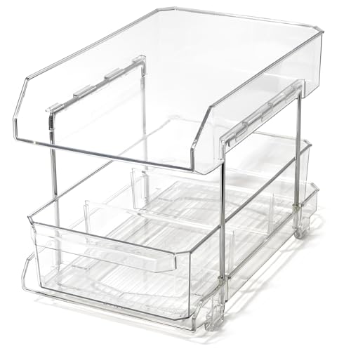 BINO 2 Tier Clear Storage Organizer with Dividers - Bottom Slide Out Drawer for Under Sink, Medicine Cabinet - Bathroom Closet, Vanity, Pantry Organizer - Under Cabinet Storage for Bathroom & Kitchen