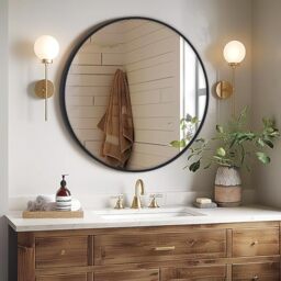 Melodieux Round Wall Mirror 60cm Black Circle Hanging Mirror Home Decorative Wall Mounted Vanity Mirror for Bathroom Living Room Hallway