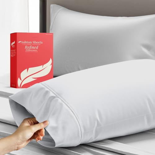 Ashton Sheets 100% Egyptian Cotton Standard Queen Pillowcases Set of 2, 600 Thread Count Egyptian Cotton Sateen Weave Pillow Cases, Silky Soft Hotel Quality Bed Pillow Covers for Sleeping (Silver)