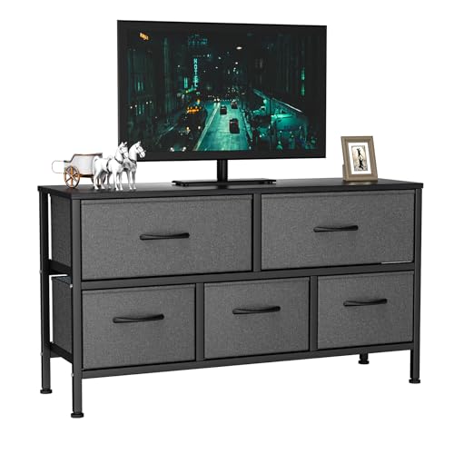 Feonase Bedroom Chest of Drawers, 5 Fabric Drawers Dresser with Metal Frame and MDF Top Board, Modern Storage Unit for Bedroom Living room, Entryway, Closet, Office, Deep Grey