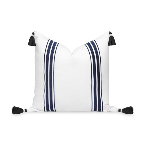 "Hofdeco Premium Coastal Patio Indoor Outdoor Throw Pillow Cover Only, 20""x20"" Water Repellent for Backyard, Couch, Navy Blue Embroidered Stripes with Tassels"