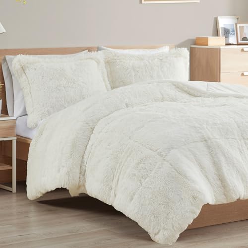 Intelligent Design Malea 2 Piece Shaggy Faux Fur Comforter Set Solid Plush Double Sided Box Quilting Design, Modern Casual All Season Quilt Bedding with Matching Sham, Twin/Twin XL, Ivory 2 Piece
