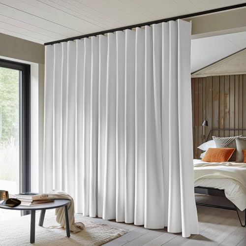 MaKefeile Room Divider Curtain - Total Blackout Privacy Panel, Thermal Insulated, Noise Reduction for Bedroom, Living Room, Window - Ceiling Track W 100 ?? H 84 in White