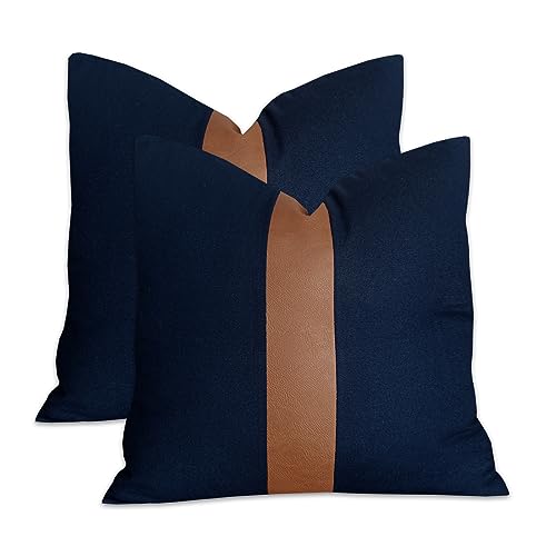 Vfuty Set of 2 Navy Blue Decorative Throw Pillow Cover 18x18 Thick Faux Leather and Cotton Farmhouse Accent Cushion Cover for Couch Sofa Decorative Square Pillowcase