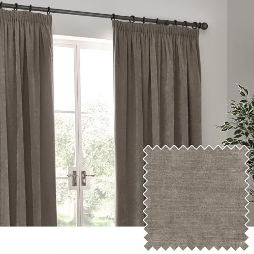 Yard furn Heavy Chenille Blackout Pencil Pleat Curtain Pair – Lined Light Blocking Soft Velvet Curtains (Greige - Width 168 x Drop 183cm)
