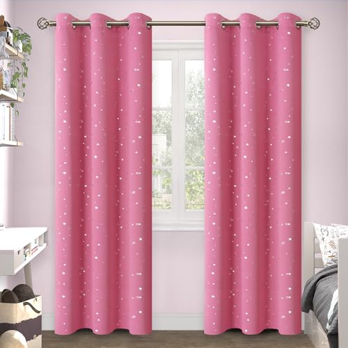 BGment Pink Star Blackout Curtains for Kid's Bedroom - Grommet Thermal Insulated Room Darkening Printed Curtains for Girl Room, Set of 2 Panels, 38 x 84 Inch