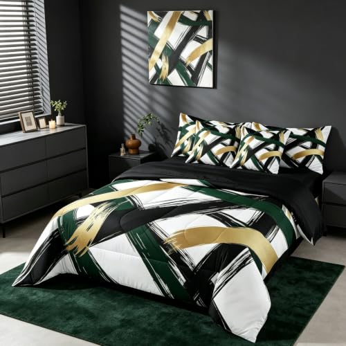 Erosebridal Black Green Gold Abstract 7 Piece Comforter Set King Modern Minimalist Line Geometric Bedding Set Minimalist Simple Sketch Art Bed in A Bag Cool Unique Contemporary Sheet Set