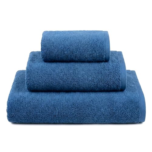 Ruggeri - Set of 3 Bath Towels in 100% Cotton Extra Soft and Absorbent - Bath Towel 70 x 140 cm + Face Towel 50 x 100 cm + Guest Towel 40 x 50 cm (Blue)