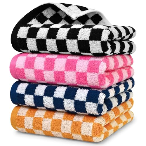 Jacquotha Luxury Hand Towels Set of 4 - Cotton Soft Decorative Checkered Towels for Kitchen Bathroom, Black, Hot Pink, Navy, Orange, 13x29 Inches Men Women Family Towel