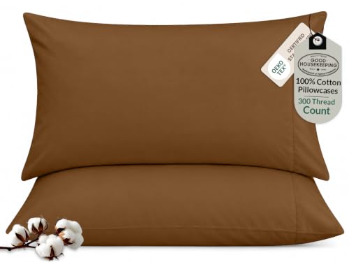 "ROYALE LINENS 300 Thread Count 100% Long Staple Combed Cotton Pillowcases Set of 2 - Soft - Queen Bed Pillow Cover - 20""x30"" - Breathable, Cool & Crisp Percale Brown Pillow Cases (Queen, Chocolate)"