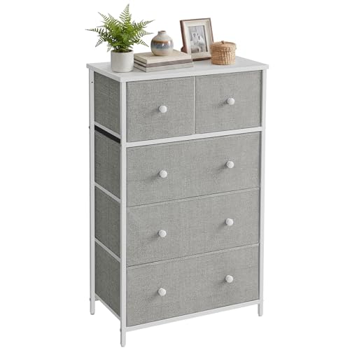 SONGMICS Chest of Drawers, Fabric 5-Drawer Storage Organiser Unit, Dresser, for Living Room, Hallway, Nursery, Light Grey and White LTS514L10