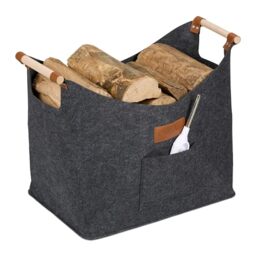 Relaxdays Felt Log Basket, 50L, with Carrying Handles, HxWxD: 40x51x32 cm, Storage for Firewood, Kindling Holder, Grey, Plastic, Wood