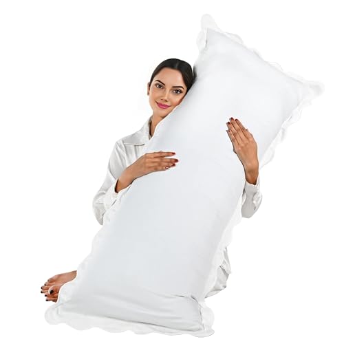 "Ridhi White with White Scalloped 100% Cotton 400 TC Throw Pillow Covers 20""x54"" Solid Pure Farmhouse Case Soft Home Decor for Sofa, Bed, Couch, Living Room Gift for Spring, Easter, Valentine"