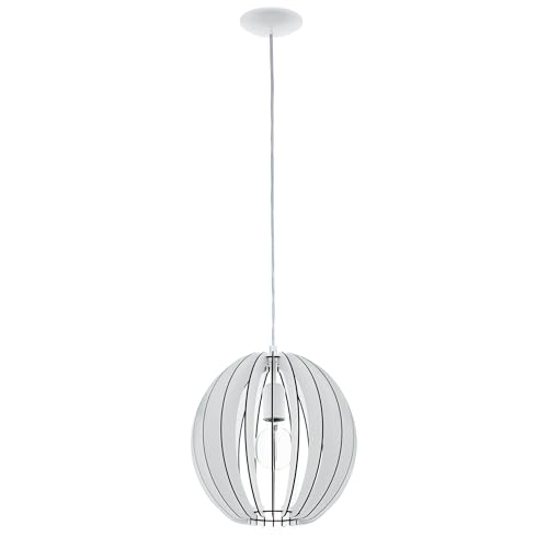 Eglo Wooden Pendant Lamp Cossano, Single-Light Pendant, Hanging Lamp Made of Wood and Steel, Colour: White, Socket: E27, Diameter: 30 cm