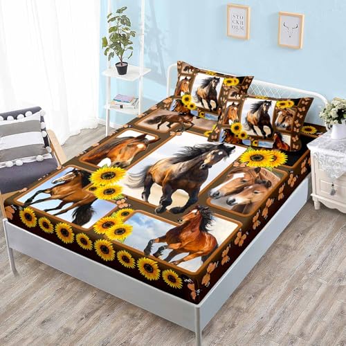 HOSIMA Horse Plaid Patchwork Bedding Twin,1 Fitted Sheet+2 Pillowcases. - Teens Kids Animal Themed Galloping Horse and Sunflower Floral Bedding,3D Printed Soft Decorative Fabric Bedding Deep Pocket