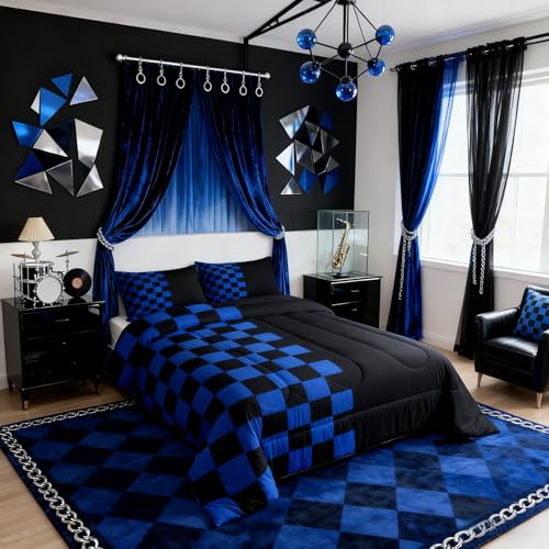 Geometric Check Comforter Set Full Size,Video Games Plaid Lattice Kids Bedding Set,Modern Grid Simple Quilt Comforter,Black Blue Duvet Insert,2 Pillowcases