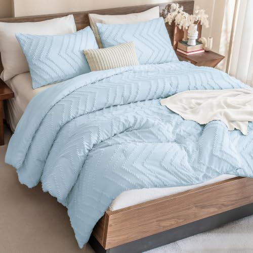 Andency Light Blue Comforter Set Queen Size, 3 Pieces Boho Bed Set - Soft Warm Bedding Comforter Sets for Queen Size Bed, Aesthetic Chevron Cute Bohemian Textured Lightweight Bedding Set