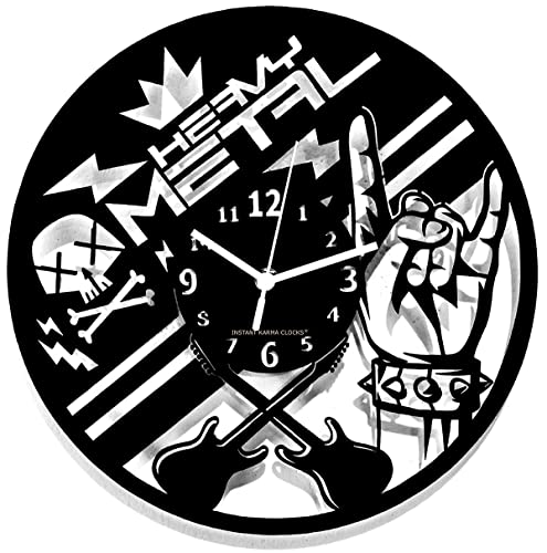 Instant Karma Clocks - Heavy Metal Wall Clock with Rock Hand and Guitar Art - Silent No-Ticking - Perfect for Bedroom, Office, Studio, Cabin, Living Room - Unique Decoration
