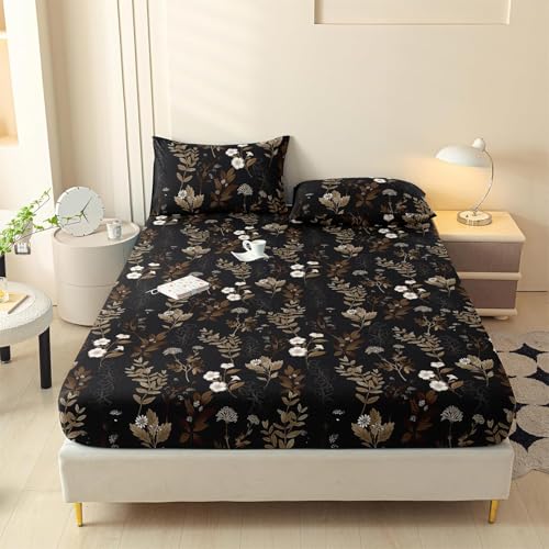 LweiPsqLin Queen Size Fitted Sheet - Floral Brushed Microfiber Bed Sheet with 15 Inch Deep Pocket Elastic Edges - Shrink & Fade Resistant, Botanical Print Bedding