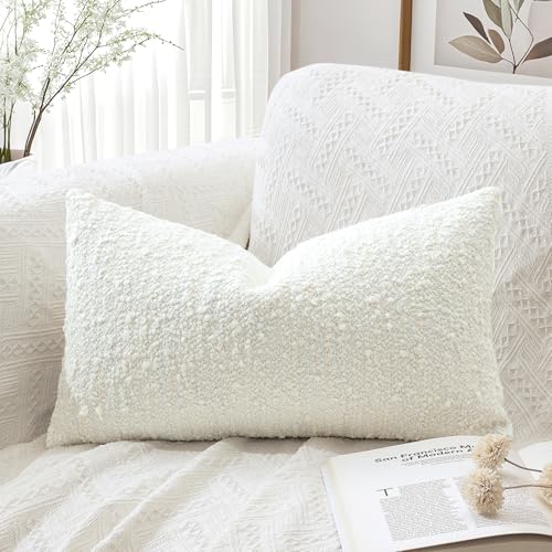 Artscope Lumbar Throw Pillow Cover 12x20 Super Thick Body Pillow Cover Decorative Boucle Textured Neutral Accent Italian Style Pillowcase for Bedroom Living Room Couch Sofa Home D??cor-Beige+White