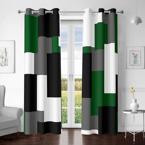 Tyrot Green 100% Blackout Curtains for Bedroom 84 inch Length 2 Panels Set White Grey Modern Abstract Geometric Black Out Curtains Insulated Room Darkening Window Drapes for Living Room, 42Wx84L