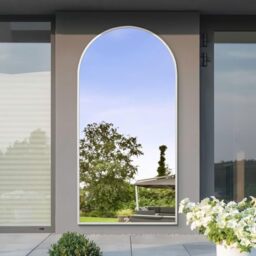 "MirrorOutlet The Arcus - White Framed Modern Full Length Arched Leaner Wall Garden Mirror 79"" X 39"" (200CM X 100CM) Silver Mirror Glass with Black All weather Backing."