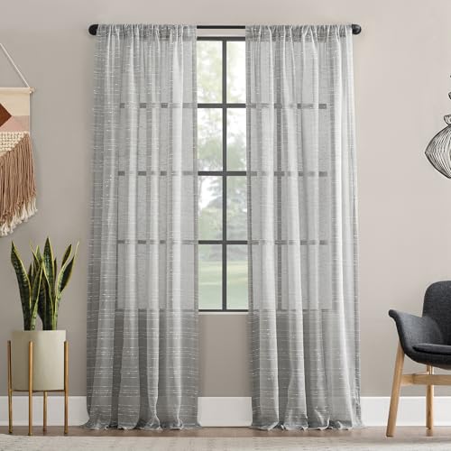 "Clean Window Textured Slub Stripe Anti-Dust Allergy/Pet Friendly Sheer Curtain Panel, 52"" x 63, Gray"