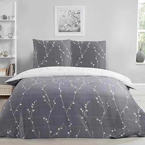 Sleepdown Willow Floral Grey Ultra Soft Easy Care Hypoallergenic Printed White Reversible Duvet Cover Quilt Bedding Set - 200cm x 200cm + 2 Pillowcases 80cm x 80cm