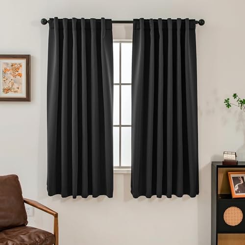 "Pickluc Blackout Curtains 63 Inches Long 2 Panels, Black Out Drapes for Bedroom or Living Room, Back Tab and Rod Pocket Top, Set of Two, Black, 52"" Wide and 63"" Length"