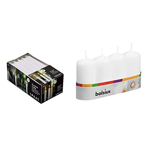 Spaas 20 Household Tapered Dinner Candles 19/180 mm, ± 6 Hours, Unscented, White & Bolsius Pillar Candles - White - Pack of 4 - Long Burning Time of 20 Hours - Household - Interior Decoration