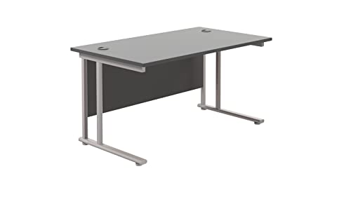 Office Hippo Heavy Duty Rectangular Cantilever Office Desk, Home Office Desk, Office Table, Integrated Cable Ports, PC Desk For Office or Home, 5 Yr Wty - Silver Frame/Black Top, 140cm x 80cm