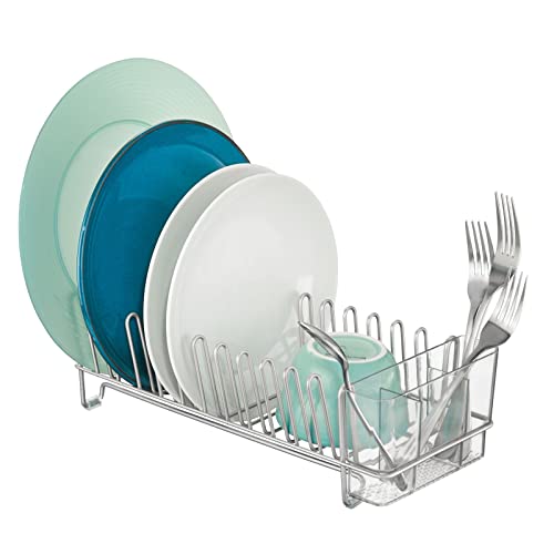 mDesign Kitchen Sink Dish Drainer ??? Small Metal and Plastic Dish Rack for Kitchen Sink ??? Ideal for Plates and Cutlery Basket ??? Chrome/Clear