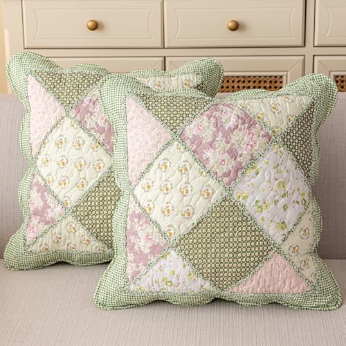 "vctops Set of 2 Quilted 100% Cotton Boho Throw Pillow Covers 18"" x 18"" Farmhouse Country Floral Patchwork Decorative Cushion Cover, Patchwork Flower G"