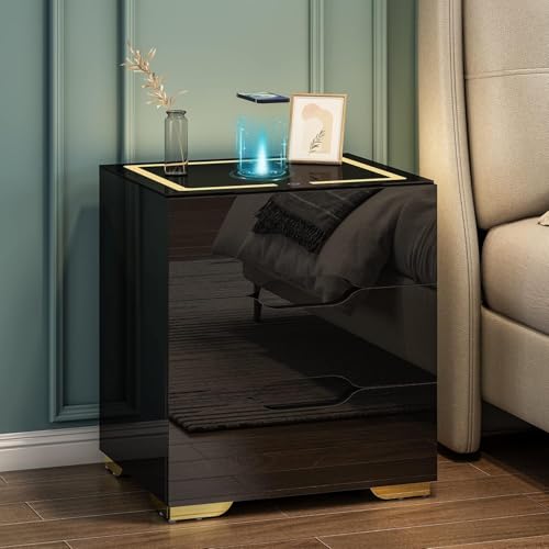 Feonase Smart Bedside Table with Wireless and USB Charging, LED Nightstand, High Gloss End Table Organiser for Living Room and Bedroom (Black)