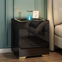 Feonase Smart Bedside Table with Wireless and USB Charging, LED Nightstand, High Gloss End Table Organiser for Living Room and Bedroom (Black)