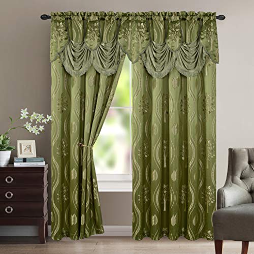 "Elegant Comfort Aurora Jacquard Look Curtain Panel Set with Attached Valance 54"" X 84 inch (Set of 2), Sage"