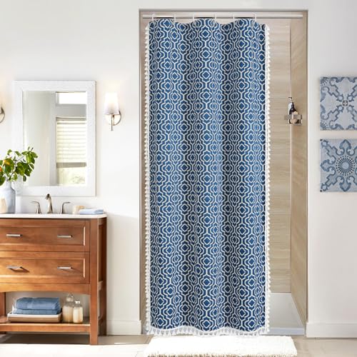 MitoVilla Blue Boho Farmhouse Small Stall Shower Curtain Set 36 x 72, Half Size Narrow Geometric Cotton Fabric Shower Curtains for Bohemia Rustic Bathroom Decor