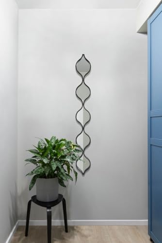 "MirrorOutlet The Quinque - Black Metal Framed Tear Drop Wall Mirror 49"" X 6"" (124CM X 15CM) Silver Mirror Glass with Black all weather Backing."