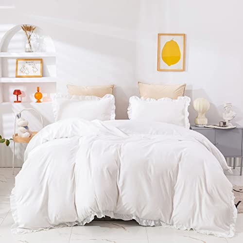 Luxlovery White Ruffle Comforter Set Twin Farmhouse Bedding Comforter Set Boho Shabby Chic Plain White Blanket Quilts Vintage Rustic Soft Breathable Bedding Set with Ruffles for Twin Bed