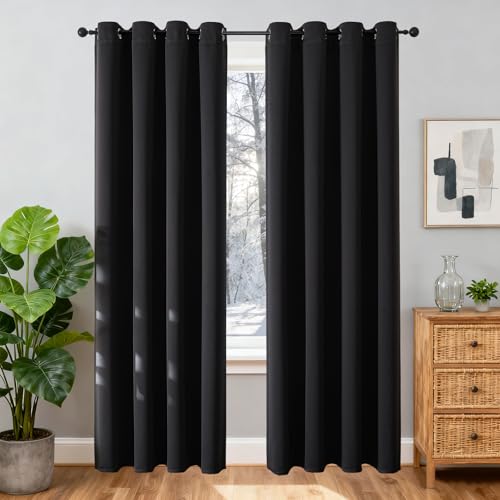 Joydeco Opaque Curtains with Eyelets Curtains Pack of 2 H 220 x W 140 cm Blackout Curtain Black Thermal Curtain Heat Protection Eyelet Curtain for Bedroom Living Room