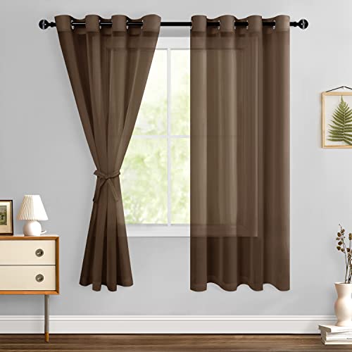Hiasan Brown Sheer Curtains with Tiebacks, Light Filtering Airy Breathable Grommet Voile Window Curtains for Living Room, Bedroom, Kids' Room, W52 x L72, Set of 2 Drape Panels