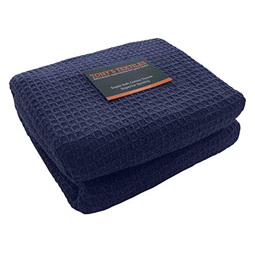 "Tony's Textiles Large Navy Blue 100% Cotton Traditional Woven Honeycomb Waffle Chair Sofa Settee Bed Blanket Throw Over (50"" x 60"")"