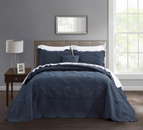 HZ & HY Oversized King Bedspread 128x120, Stitched Damask, Polar Night - Extra Wide Coverage, 5-Piece Quilt Set, Lightweight Reversible Coverlet, Scalloped Edge, King/Cal King