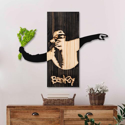 Handmade Decorative Wooden Wall Accessory, 69 x 58 x 3 cm, 100% Wood, Moss & Metal, Unique Black, Walnut & Green Design for Stylish Home Decor