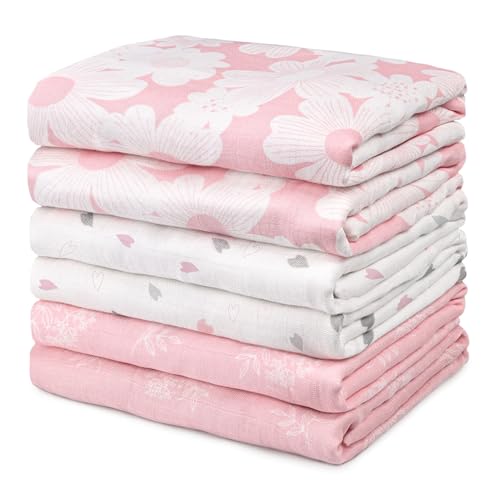 GLLQUEN BABY Receiving Blanket Boy Cotton Muslin Swaddle Blankets Girl Newborn Squares Breathable & Soft Thin Baby Blankets Cloths Double Absorbent Infant Swaddling Wrap - 6 Pack (Rosebud)